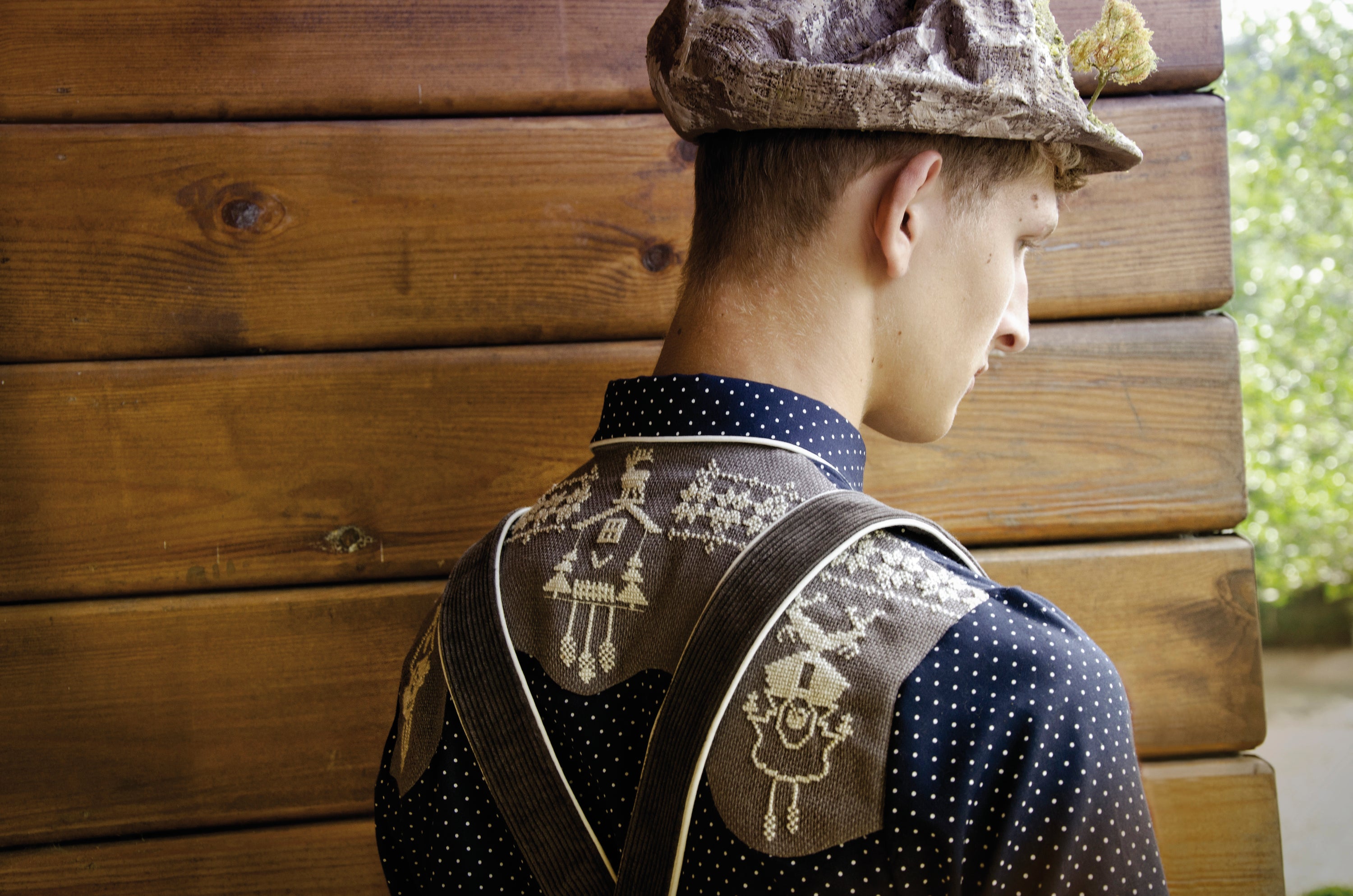 Navy Polka Dot Shirt with Swiss Embroidery