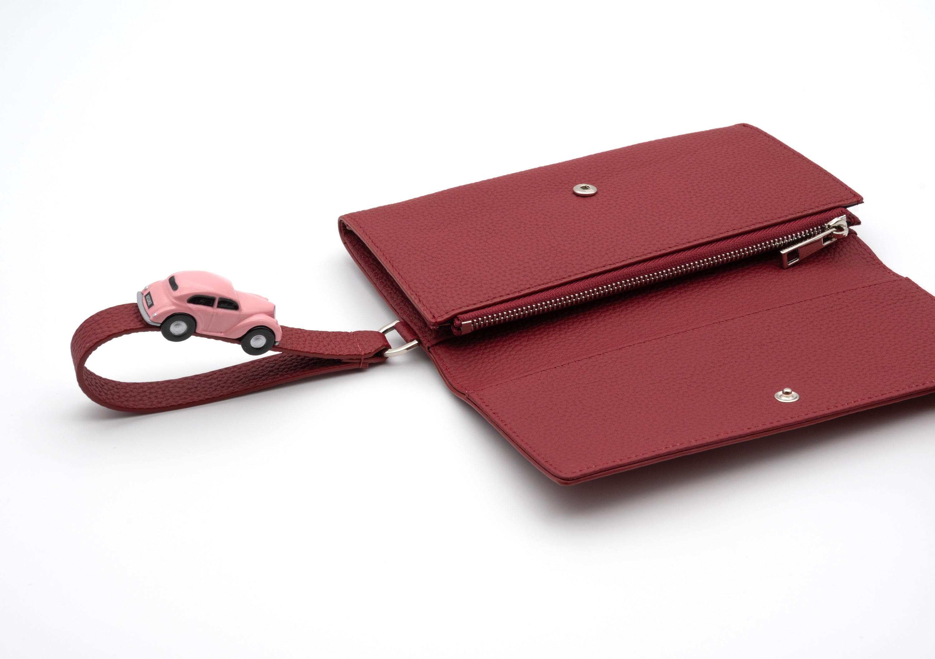PARKING Burgundy grain Leather bifold wallet with pink car