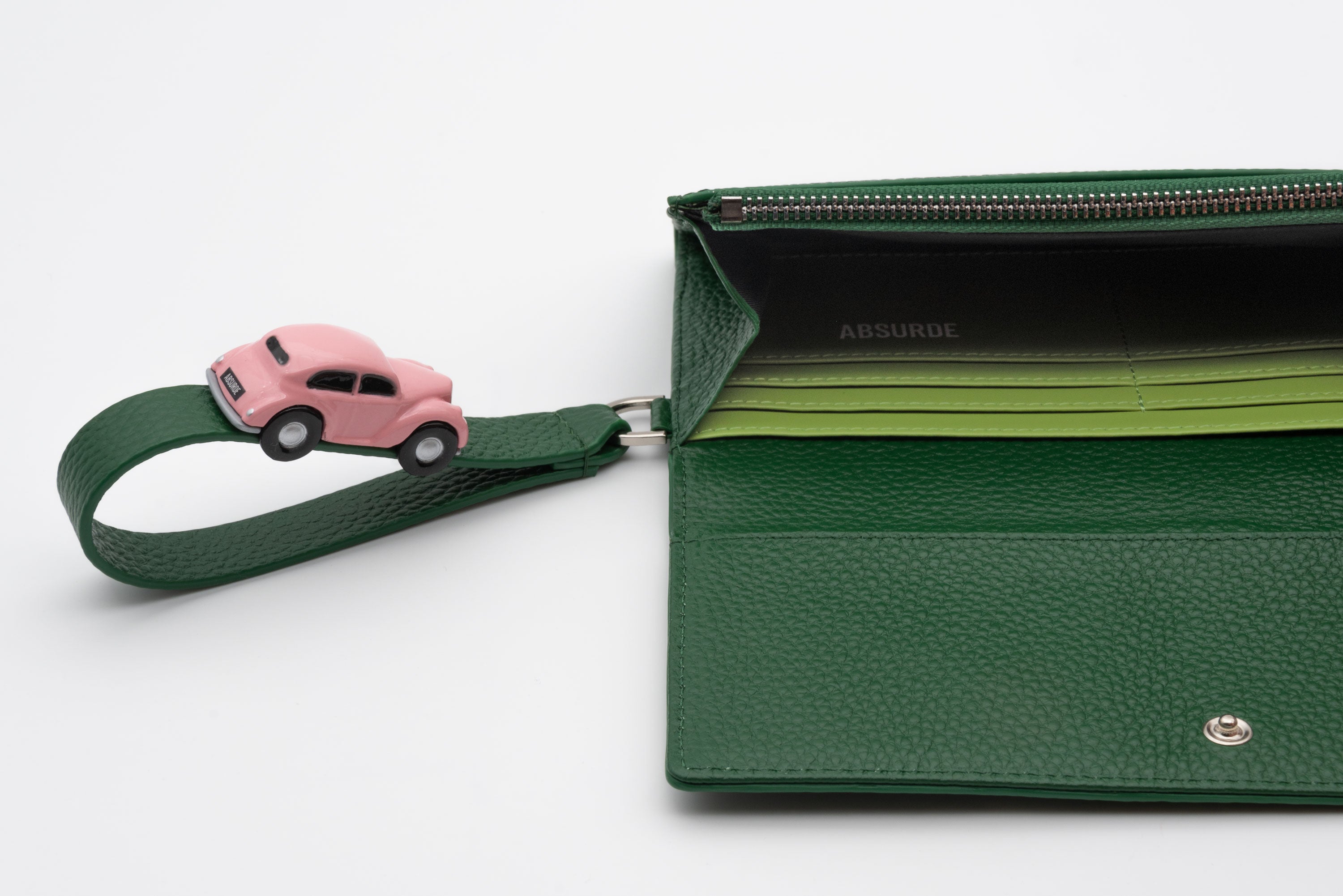 PARKING Green grain Leather bifold wallet with pink car