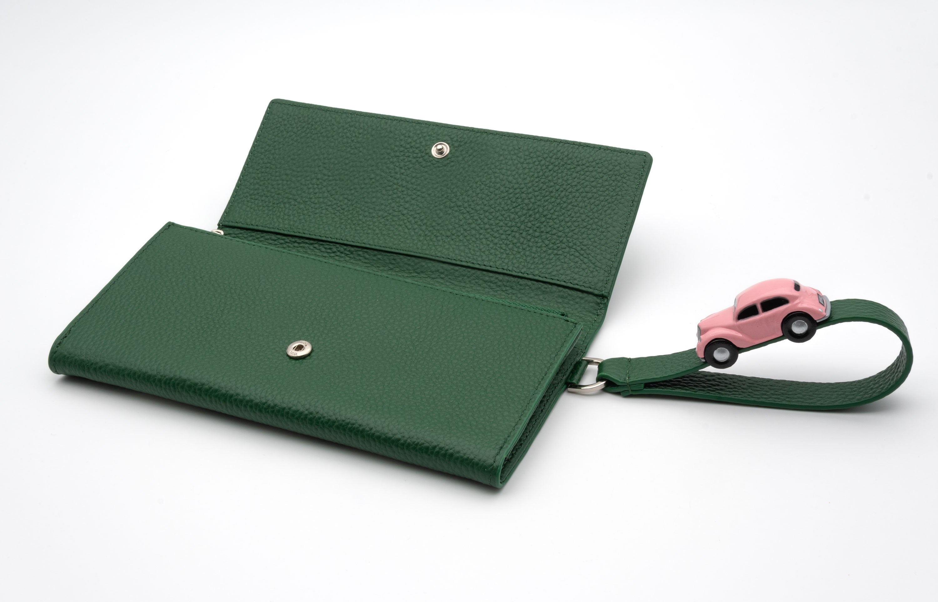 PARKING Green grain Leather bifold wallet with pink car