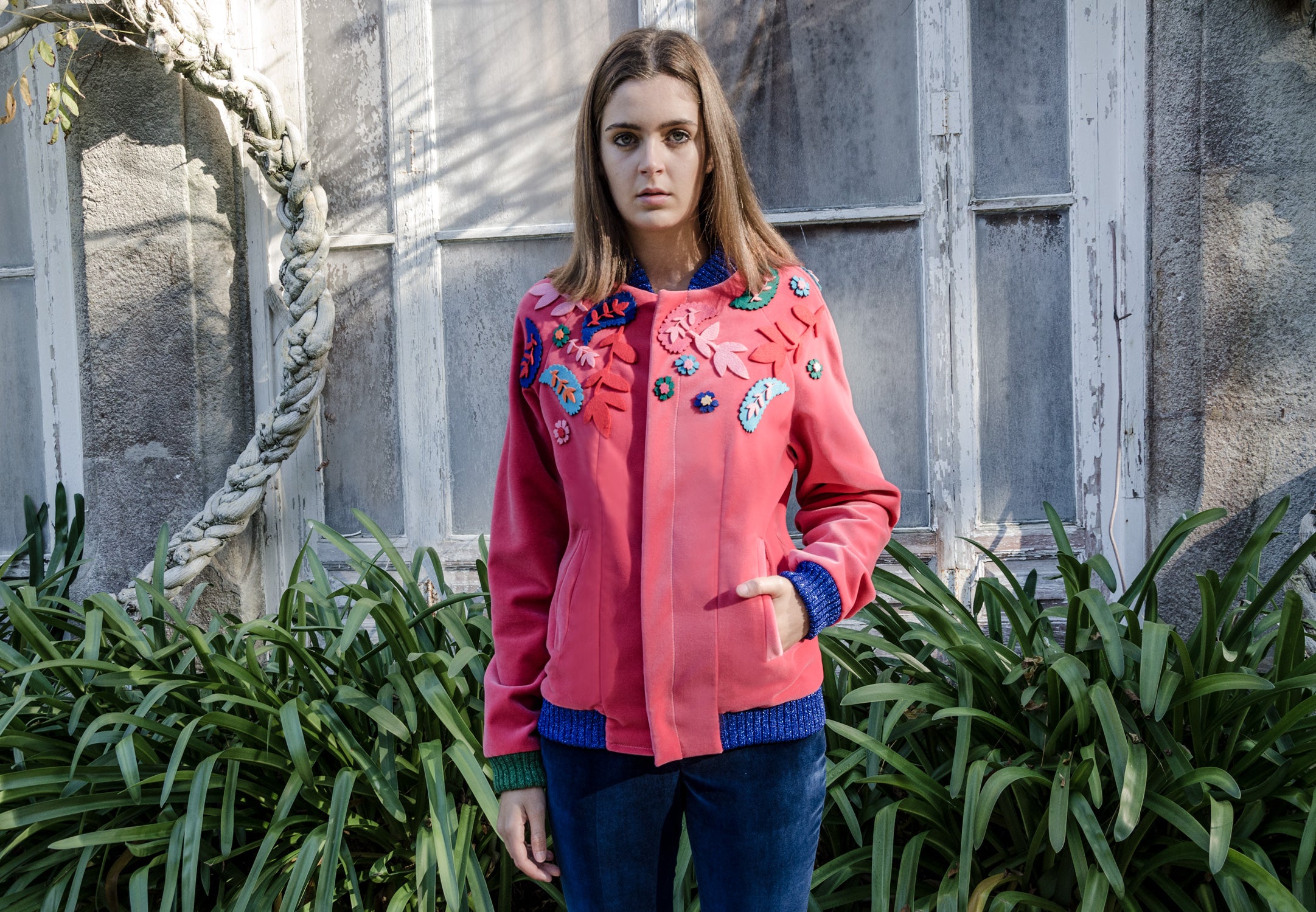 Zemrude Velvet Pink Bomber Jacket