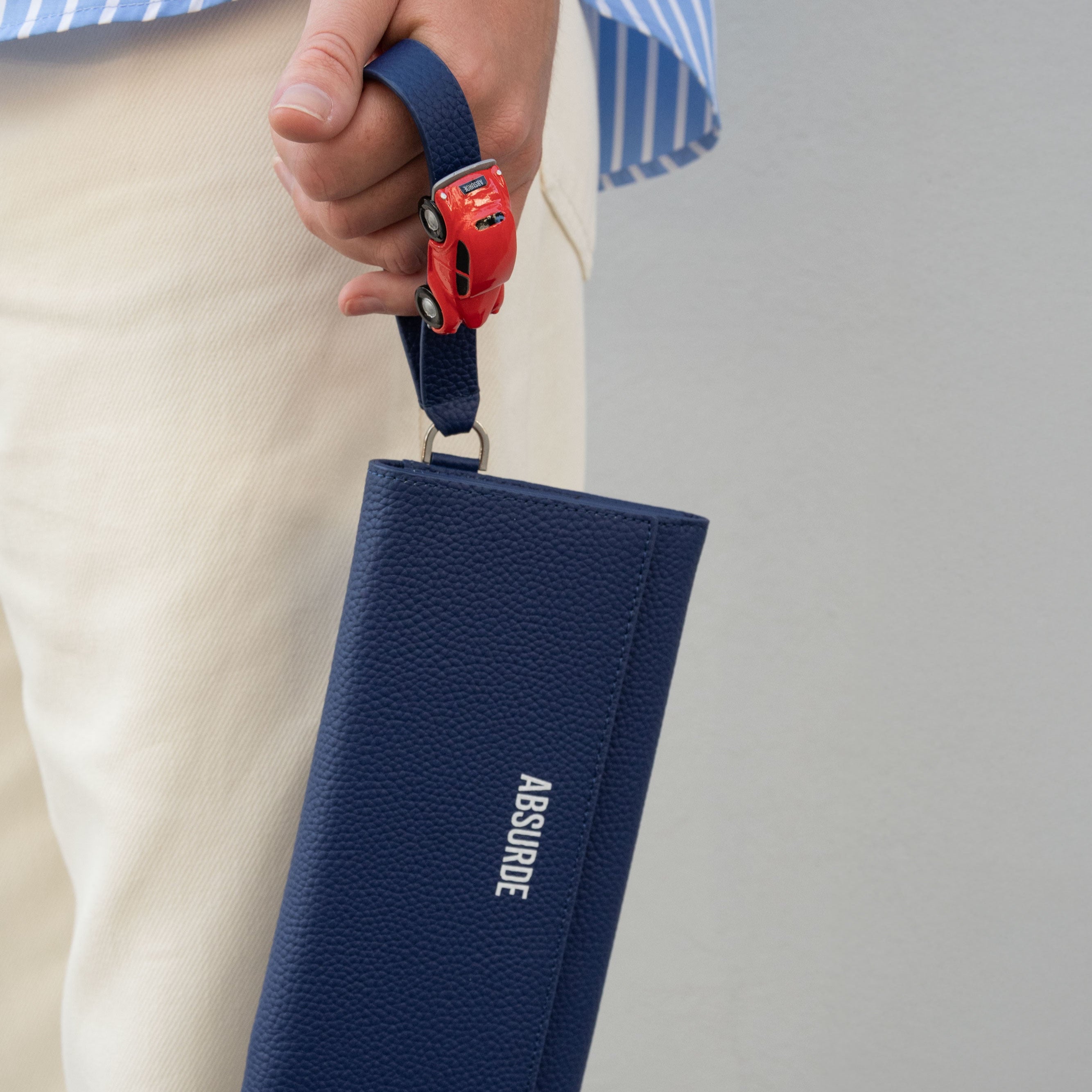 PARKING Navy grain Leather bifold wallet with red car