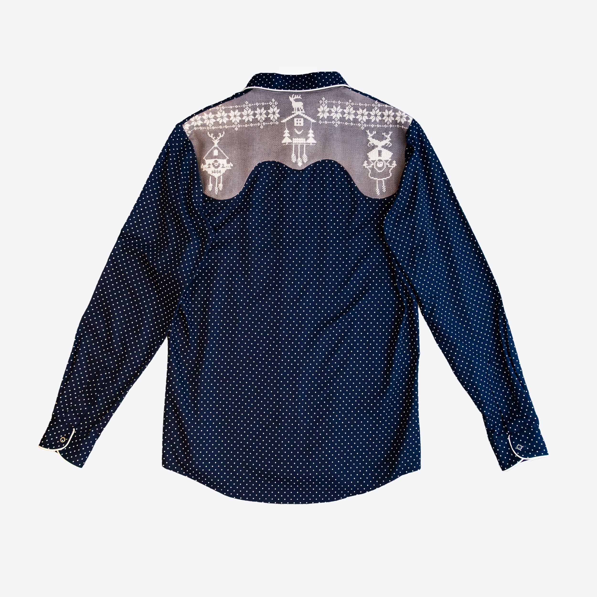 Navy Polka Dot Shirt with Swiss Embroidery