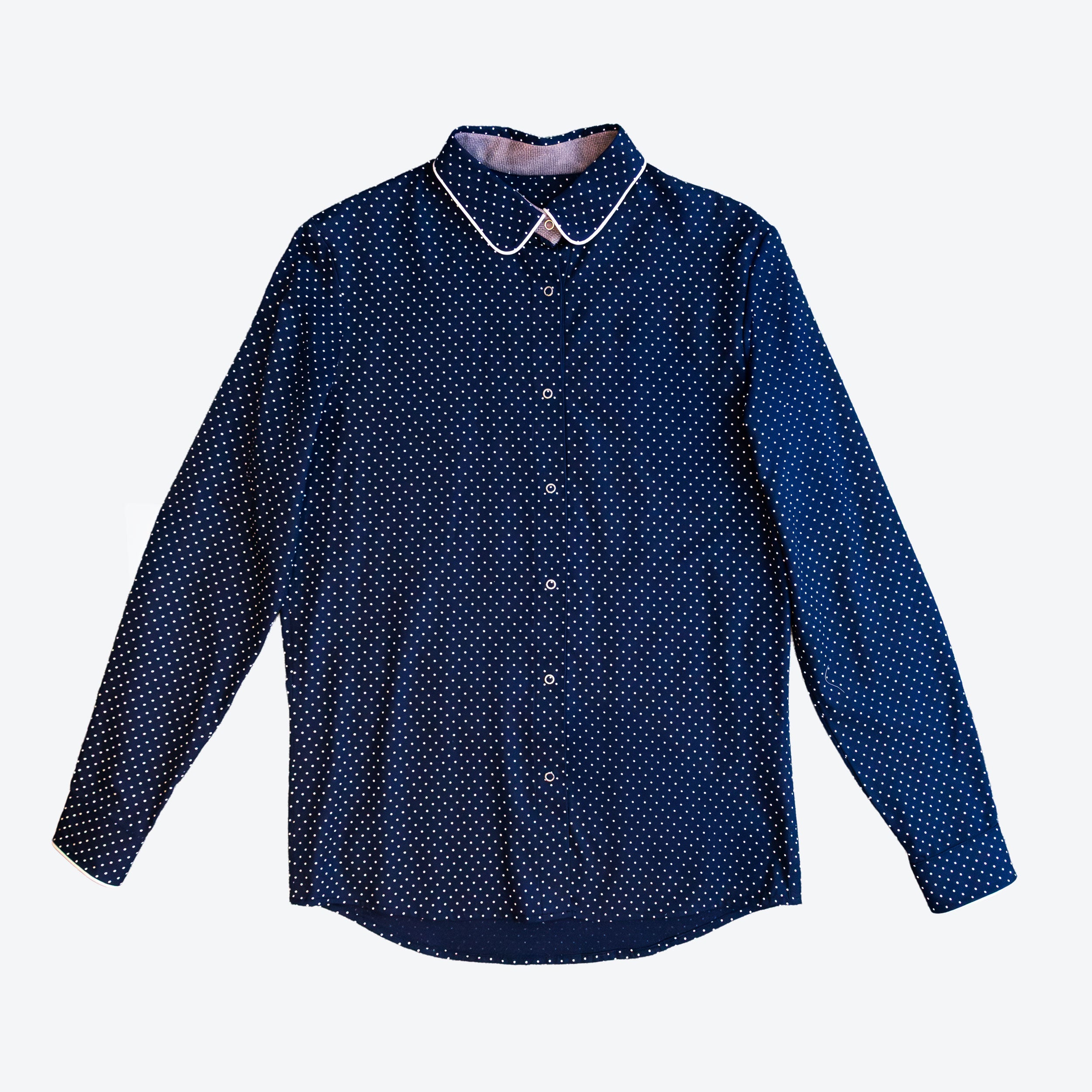 Navy Polka Dot Shirt with Swiss Embroidery
