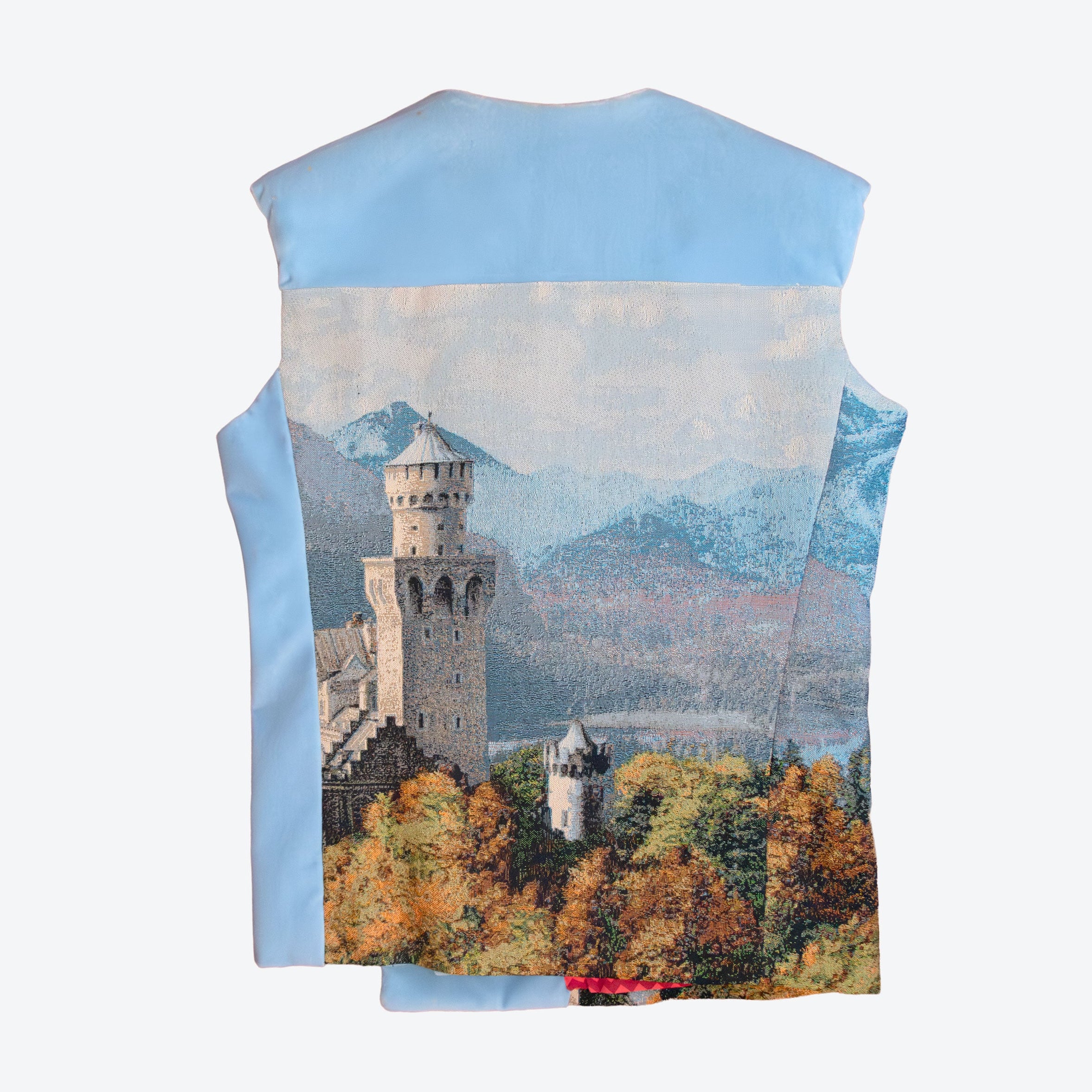 Blue velvet vest with castle tapestry