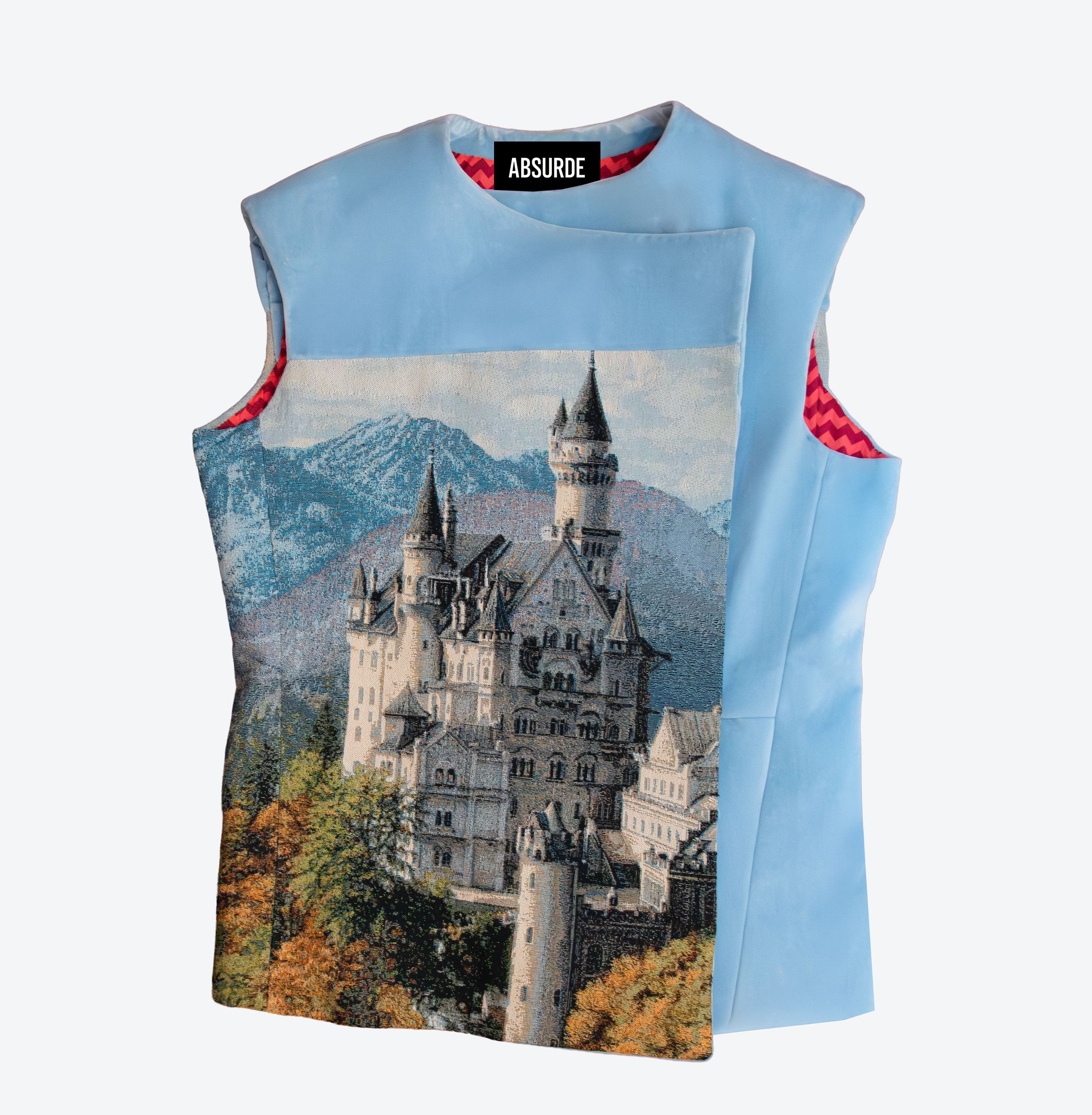 Blue velvet vest with castle tapestry