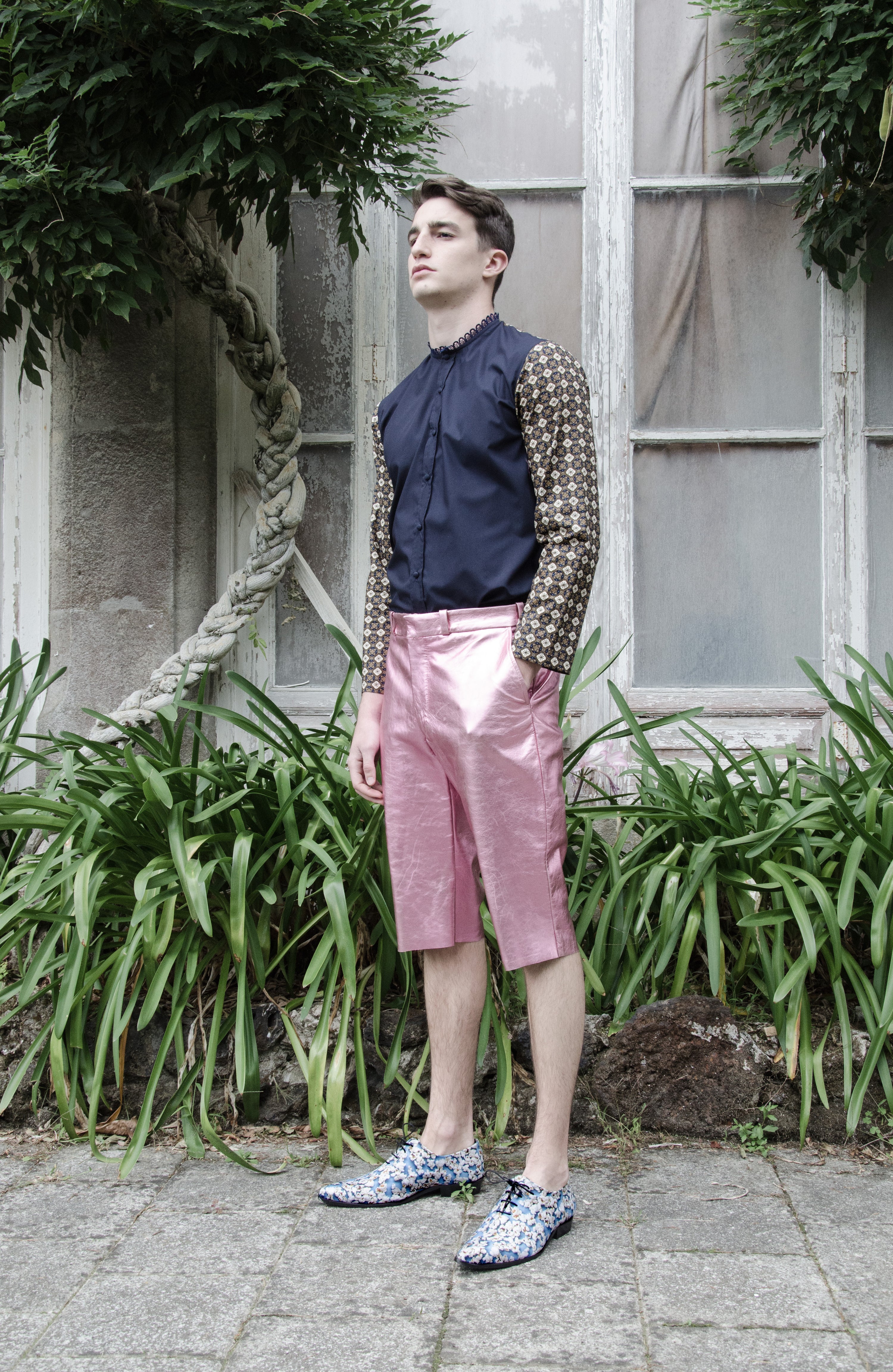Pink metallic-leather shorts